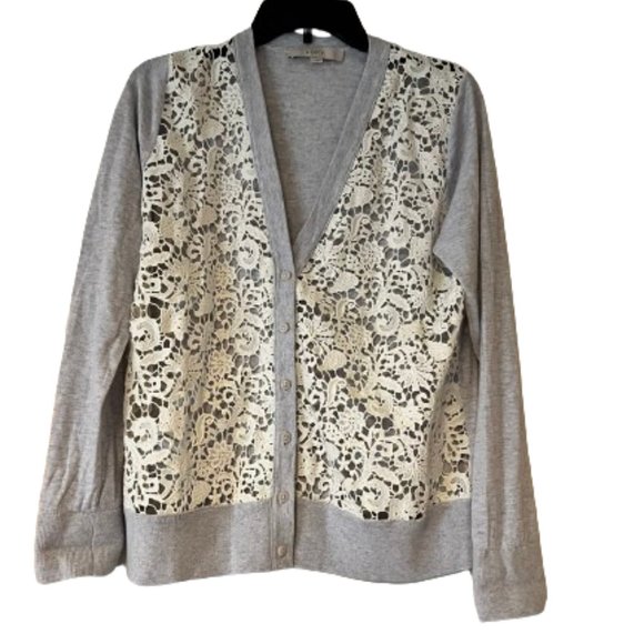 Loft Grey Back, Cream Crochet Front Cardigan  - Large - Picture 1 of 4
